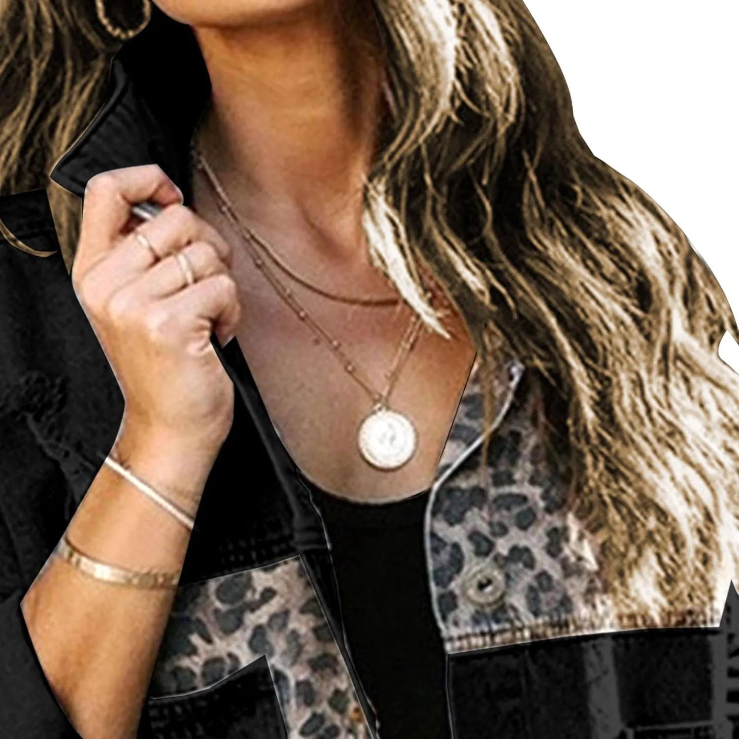 Womens Button Down Distressed Leopard Denim Jean Jacket Washed Long Sleeve Ripped Cheetah Jean Coat 2025