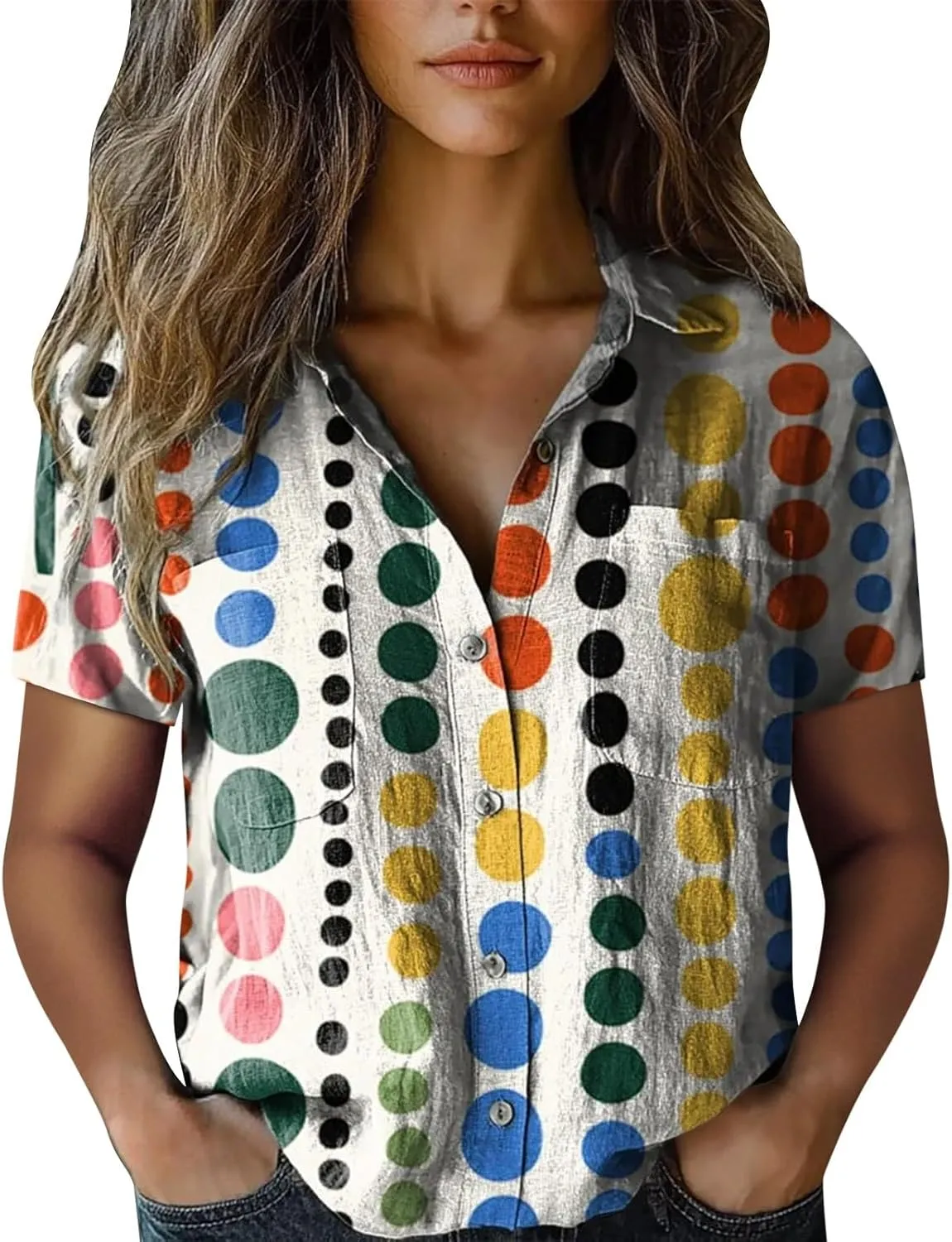 Womens Button Down Linen Shirt Colorful Stripe Print Short Sleeve Boho V Neck Collared Button-up Gauze Tops