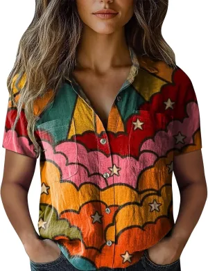 Womens Button Down Linen Shirt Colorful Stripe Print Short Sleeve Boho V Neck Collared Button-up Gauze Tops