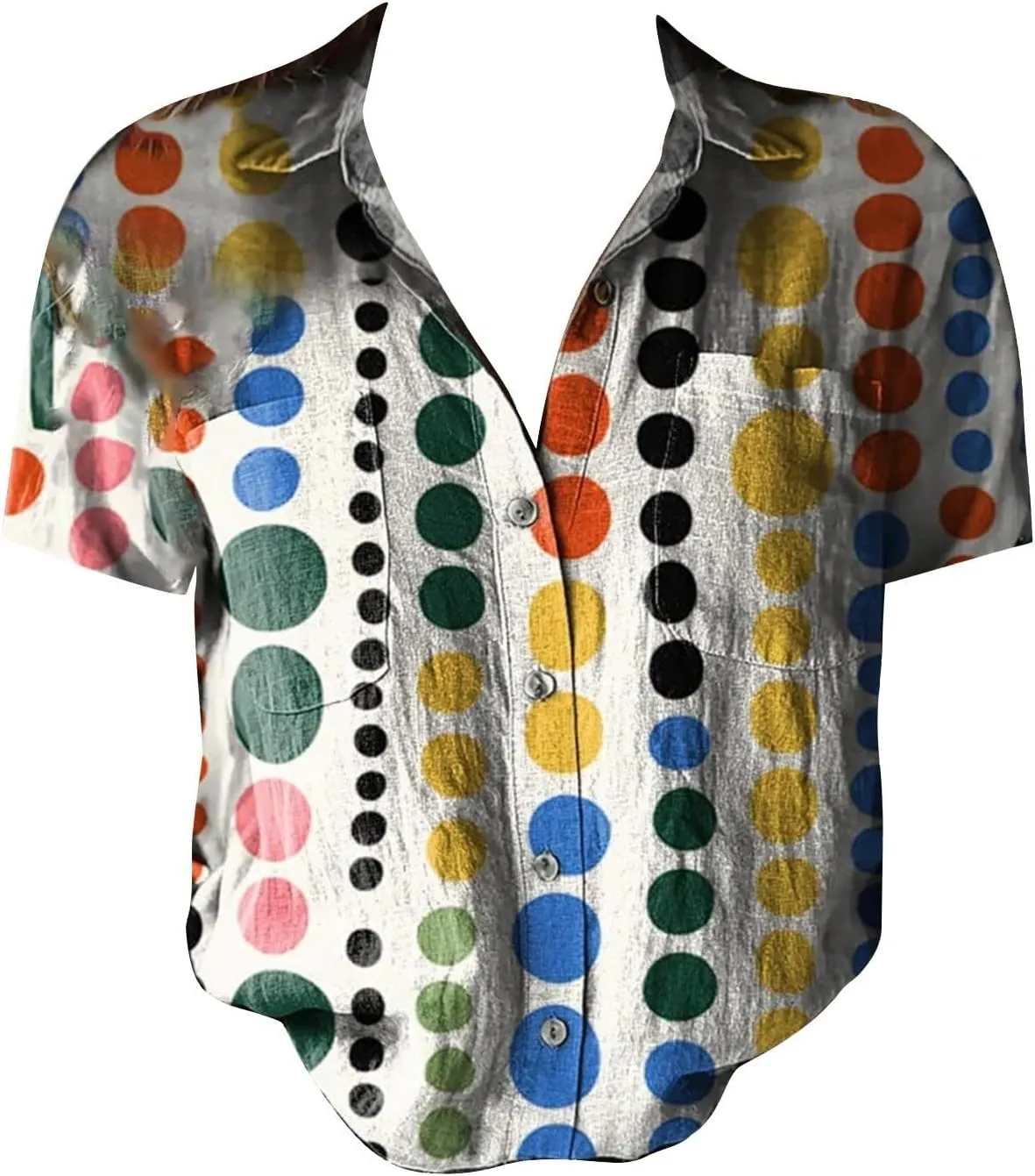 Womens Button Down Linen Shirt Colorful Stripe Print Short Sleeve Boho V Neck Collared Button-up Gauze Tops