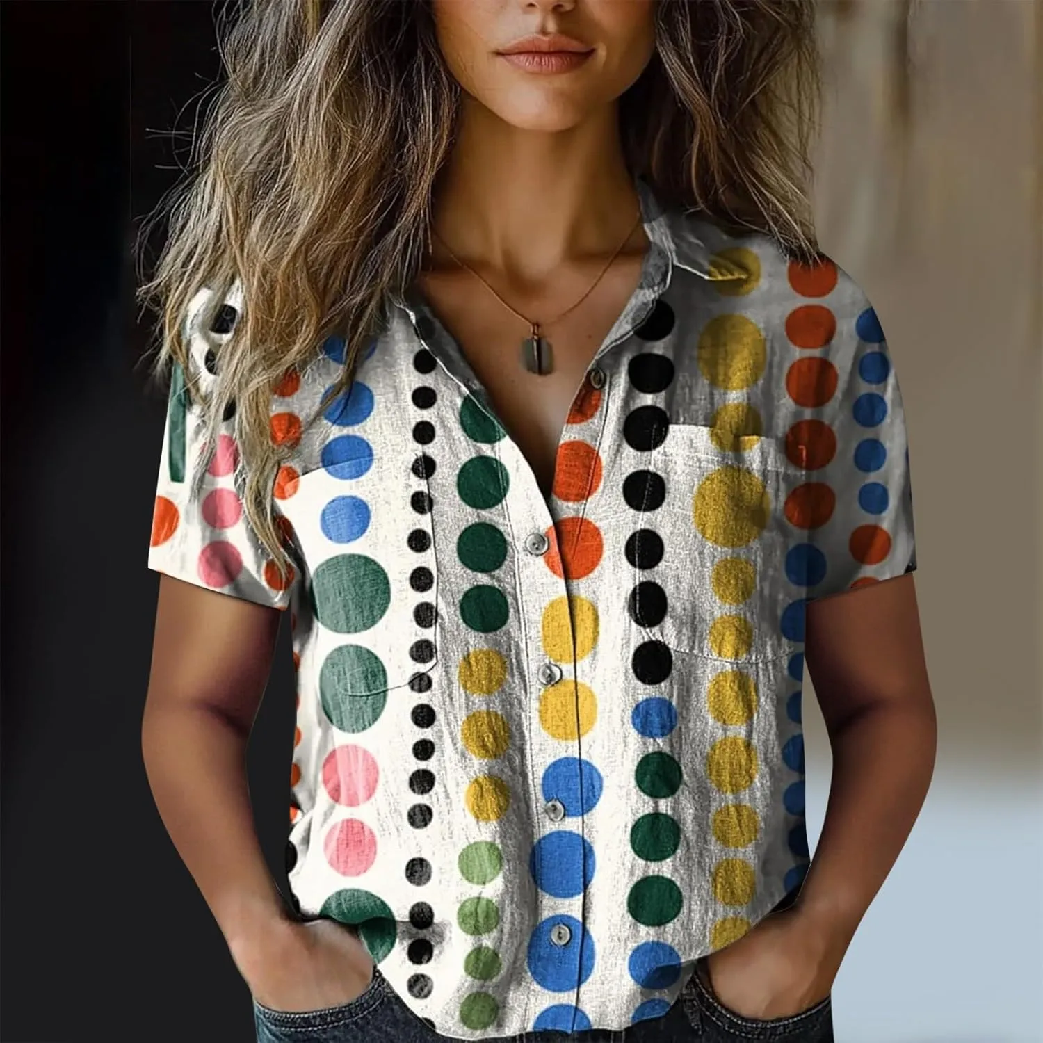 Womens Button Down Linen Shirt Colorful Stripe Print Short Sleeve Boho V Neck Collared Button-up Gauze Tops