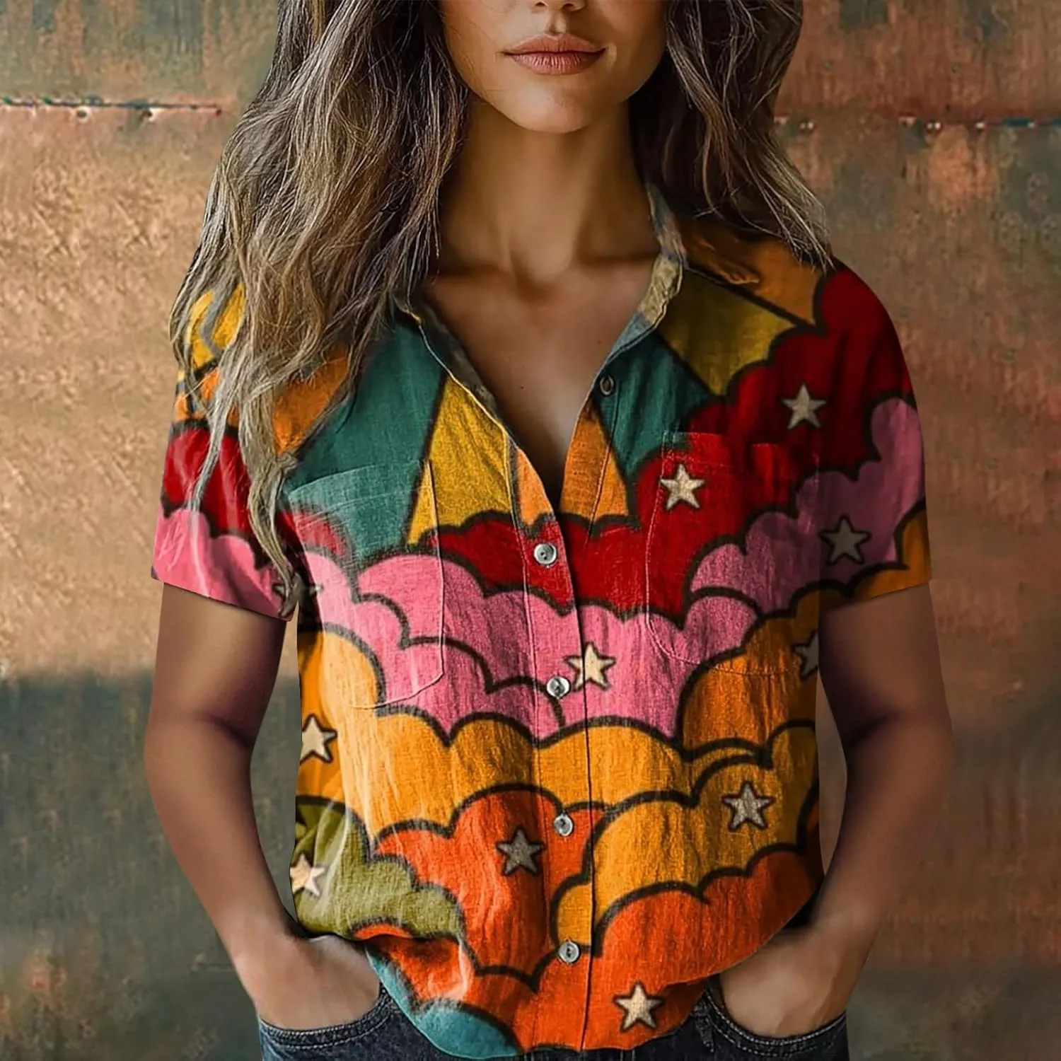 Womens Button Down Linen Shirt Colorful Stripe Print Short Sleeve Boho V Neck Collared Button-up Gauze Tops