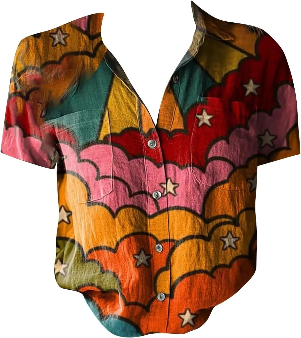 Womens Button Down Linen Shirt Colorful Stripe Print Short Sleeve Boho V Neck Collared Button-up Gauze Tops