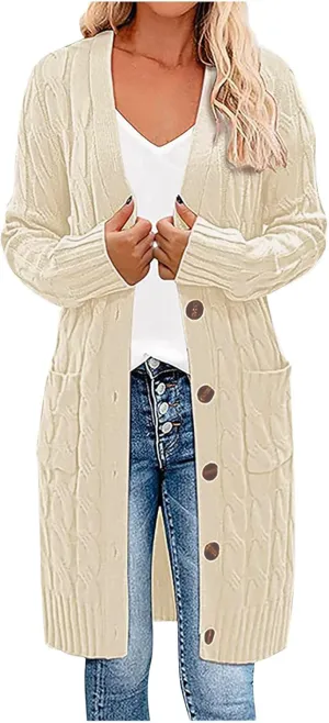 Women's Button Down Long Sleeve Chunky Knit Cardigans Open Front Cable Coat Trendy Sweaters Outerwears with Pockets