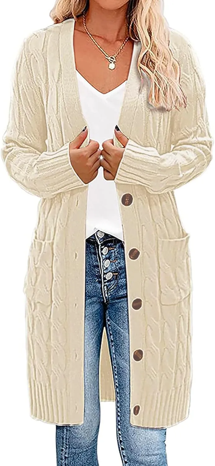 Women's Button Down Long Sleeve Chunky Knit Cardigans Open Front Cable Coat Trendy Sweaters Outerwears with Pockets