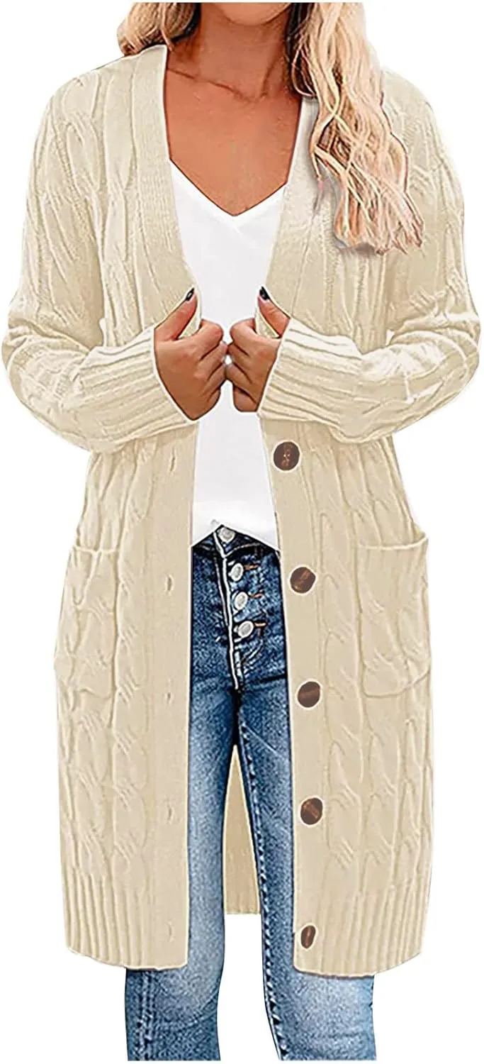 Women's Button Down Long Sleeve Chunky Knit Cardigans Open Front Cable Coat Trendy Sweaters Outerwears with Pockets