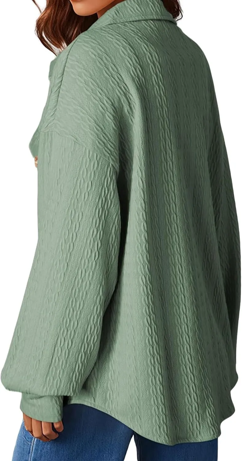 Womens Cable Knit Jacket Lightweight Shacket Oversized Lapel Button Down Shirt Casual Loose Coat Outerwear