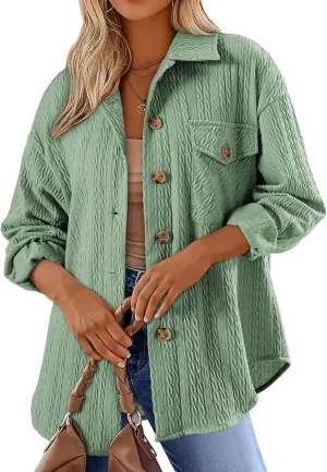 Womens Cable Knit Jacket Lightweight Shacket Oversized Lapel Button Down Shirt Casual Loose Coat Outerwear