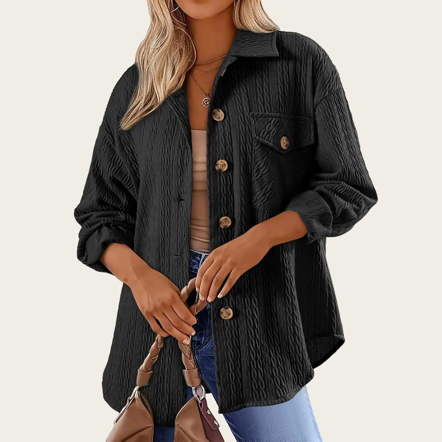 Womens Cable Knit Jacket Lightweight Shacket Oversized Lapel Button Down Shirt Casual Loose Coat Outerwear