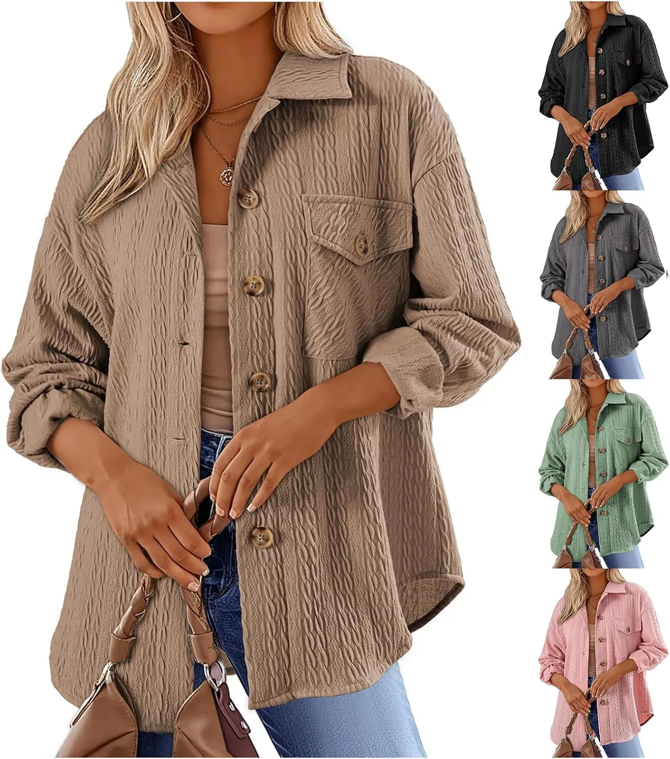 Womens Cable Knit Jacket Lightweight Shacket Oversized Lapel Button Down Shirt Casual Loose Coat Outerwear