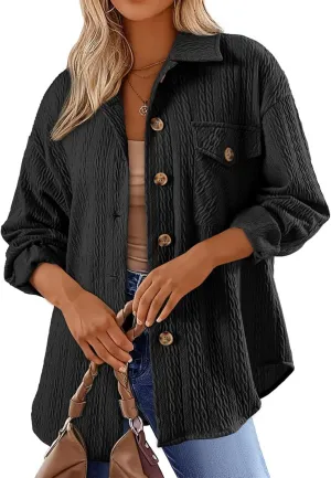 Womens Cable Knit Jacket Lightweight Shacket Oversized Lapel Button Down Shirt Casual Loose Coat Outerwear