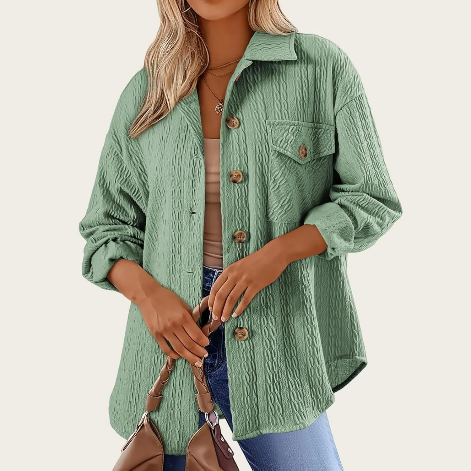 Womens Cable Knit Jacket Lightweight Shacket Oversized Lapel Button Down Shirt Casual Loose Coat Outerwear