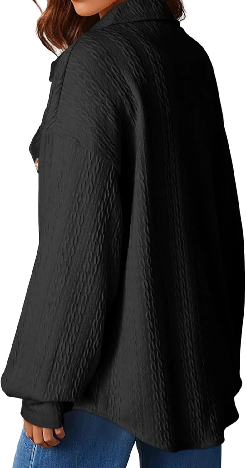 Womens Cable Knit Jacket Lightweight Shacket Oversized Lapel Button Down Shirt Casual Loose Coat Outerwear