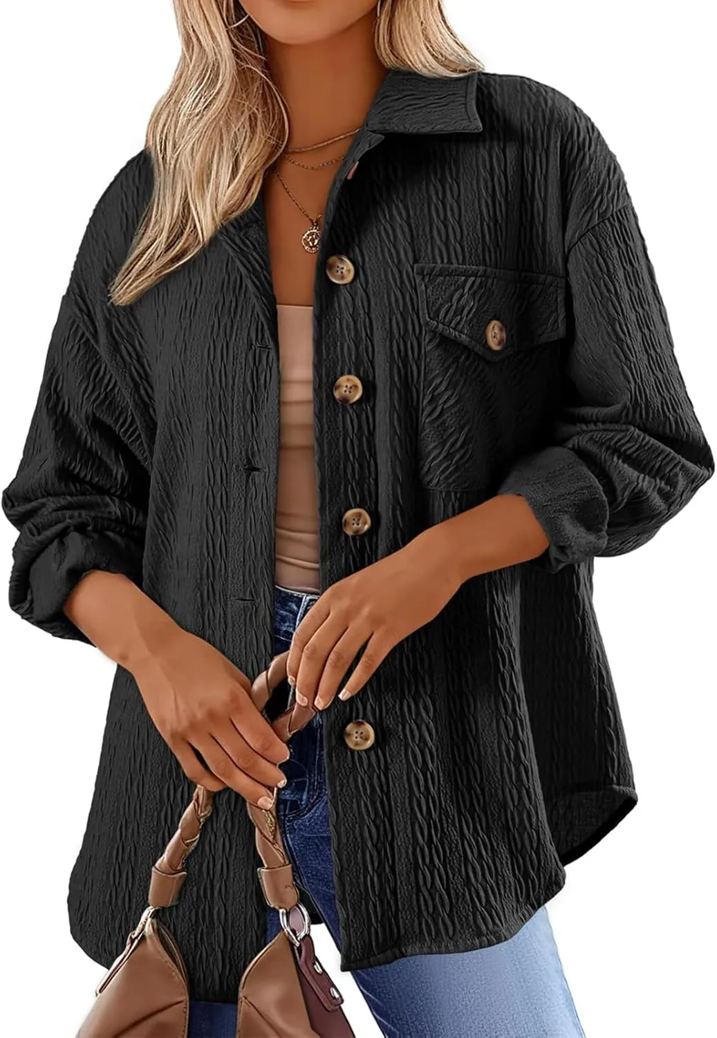 Womens Cable Knit Jacket Lightweight Shacket Oversized Lapel Button Down Shirt Casual Loose Coat Outerwear