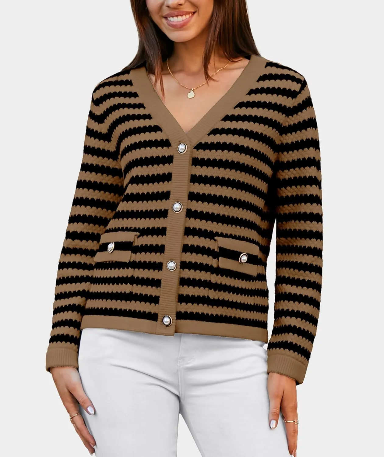 Women's Cardigan Sweaters Long Sleeve V Neck Button Down Knit Outerwear Spring Casual Open Front Cropped Jacket