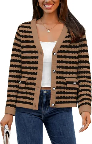 Women's Cardigan Sweaters Long Sleeve V Neck Button Down Knit Outerwear Spring Casual Open Front Cropped Jacket