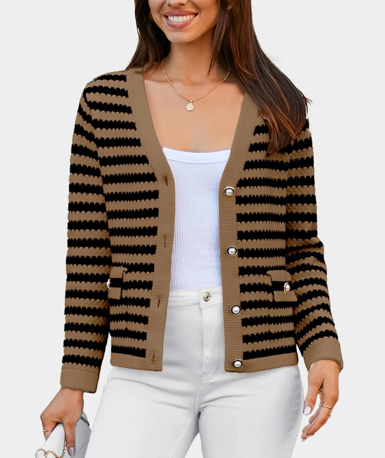Women's Cardigan Sweaters Long Sleeve V Neck Button Down Knit Outerwear Spring Casual Open Front Cropped Jacket