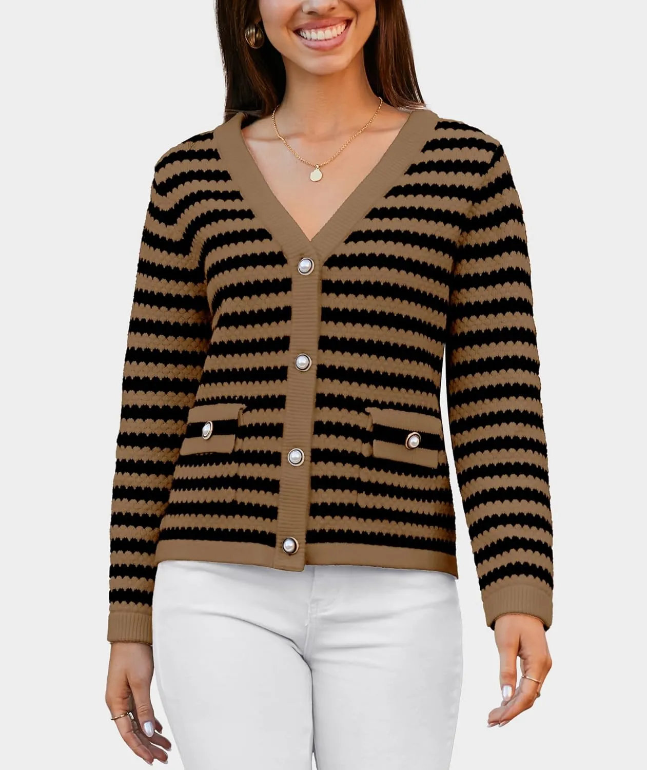 Women's Cardigan Sweaters Long Sleeve V Neck Button Down Knit Outerwear Spring Casual Open Front Cropped Jacket