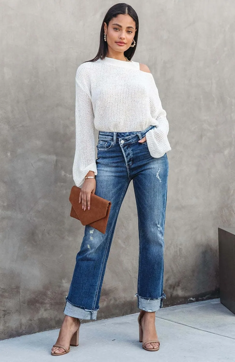 Womens Cargo Denim Jeans High Waisted Stretchy Flap Pocket Straight Leg Pants