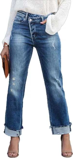 Womens Cargo Denim Jeans High Waisted Stretchy Flap Pocket Straight Leg Pants