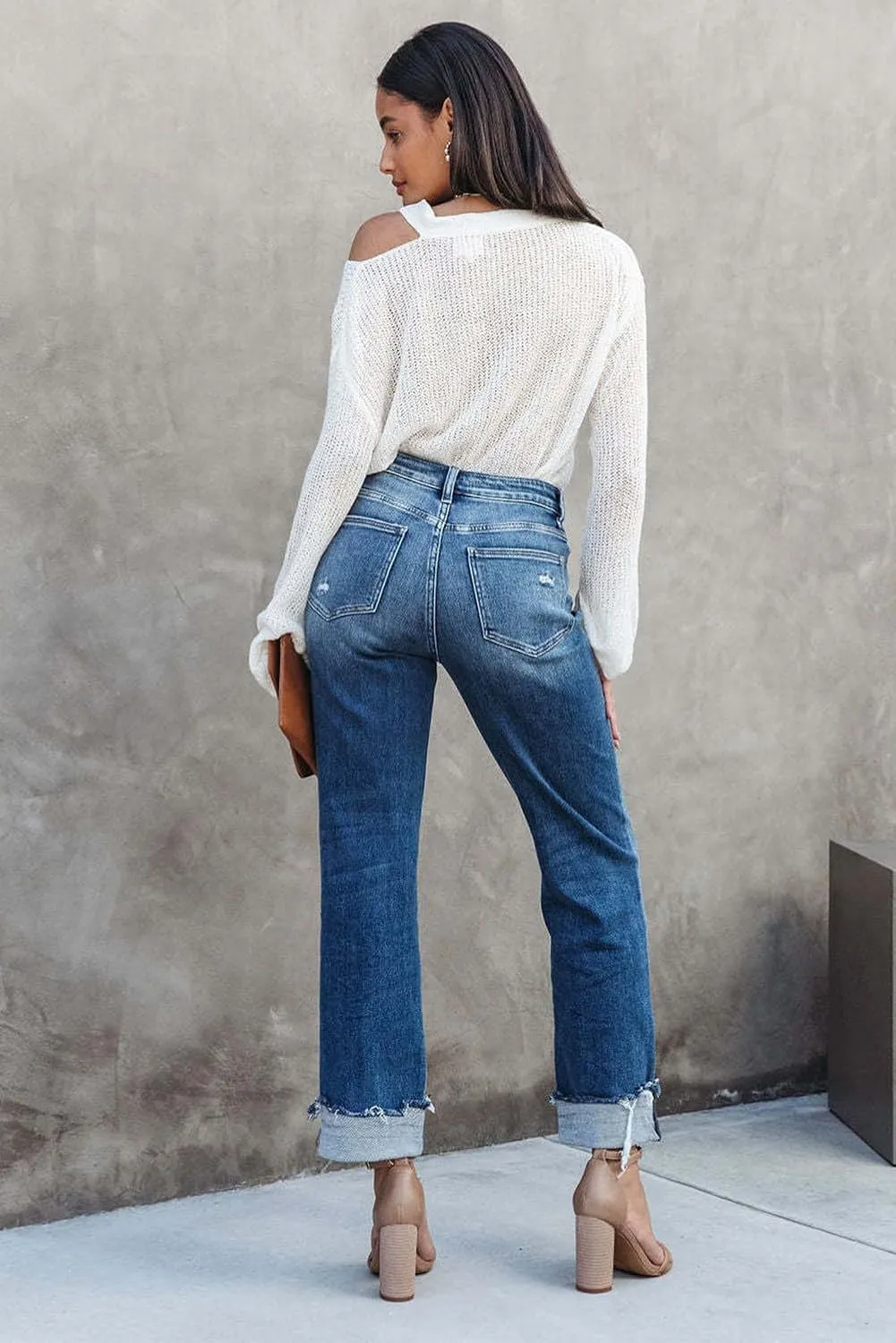 Womens Cargo Denim Jeans High Waisted Stretchy Flap Pocket Straight Leg Pants