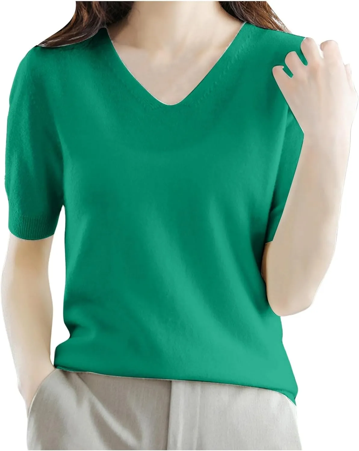 Women's Cashmere Sweater Short Sleeve V Neck Wool Base Layer Pullover Sweaters Fall Lightweight T Shirt Tops