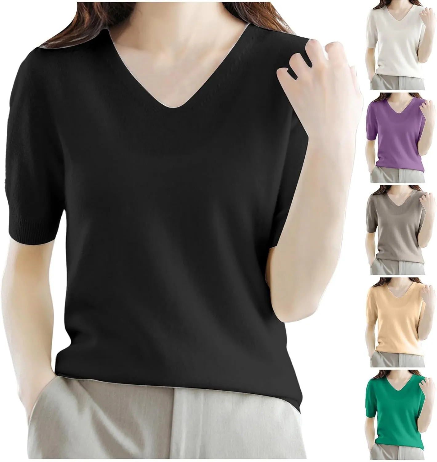 Women's Cashmere Sweater Short Sleeve V Neck Wool Base Layer Pullover Sweaters Fall Lightweight T Shirt Tops
