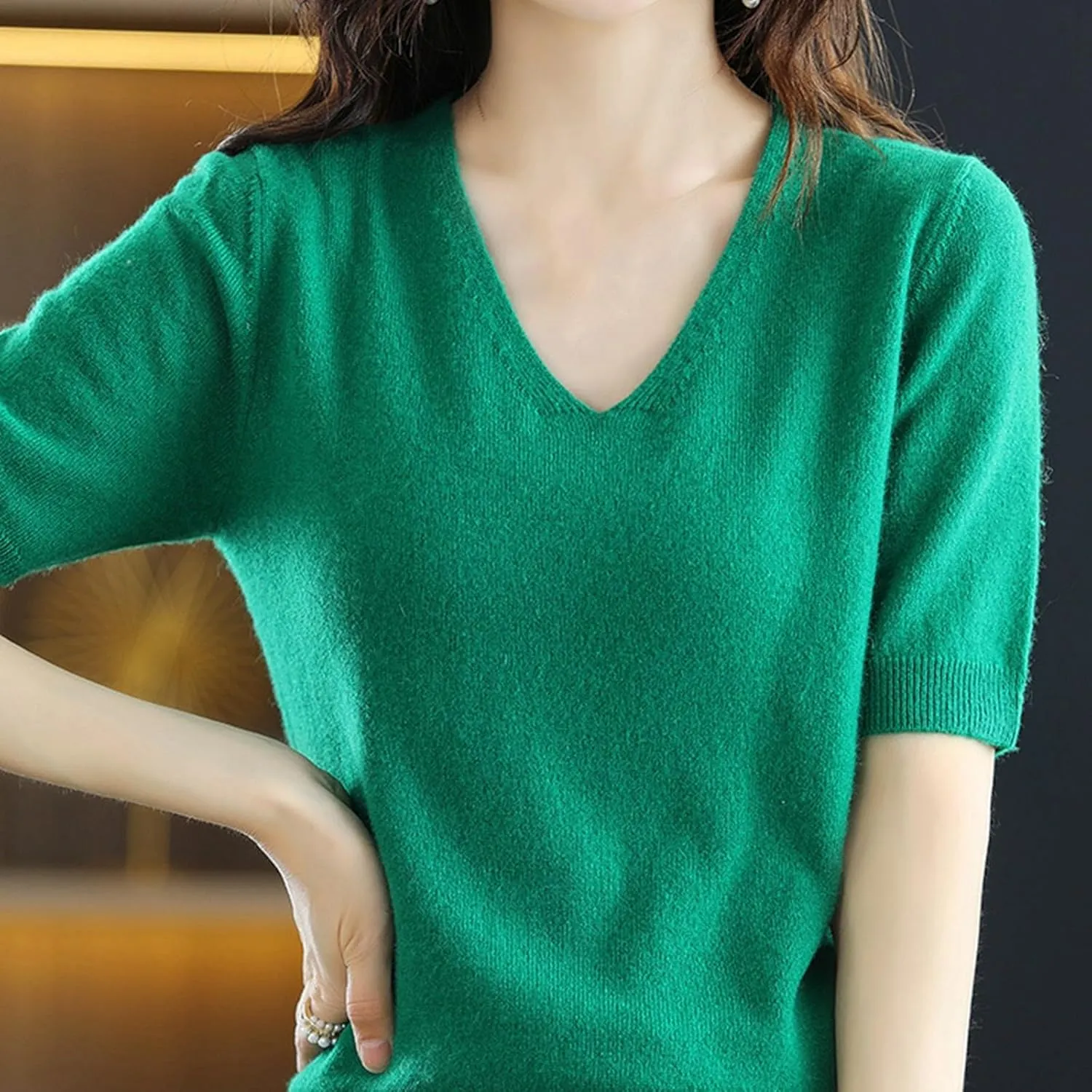 Women's Cashmere Sweater Short Sleeve V Neck Wool Base Layer Pullover Sweaters Fall Lightweight T Shirt Tops