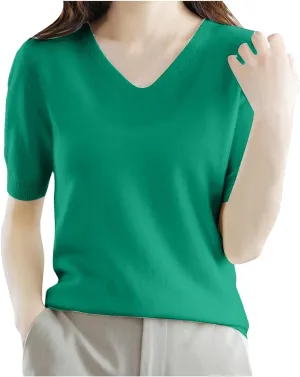 Women's Cashmere Sweater Short Sleeve V Neck Wool Base Layer Pullover Sweaters Fall Lightweight T Shirt Tops