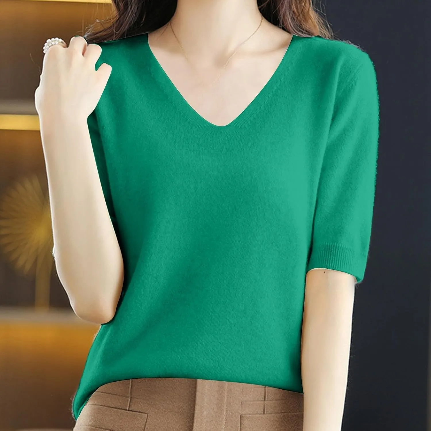 Women's Cashmere Sweater Short Sleeve V Neck Wool Base Layer Pullover Sweaters Fall Lightweight T Shirt Tops