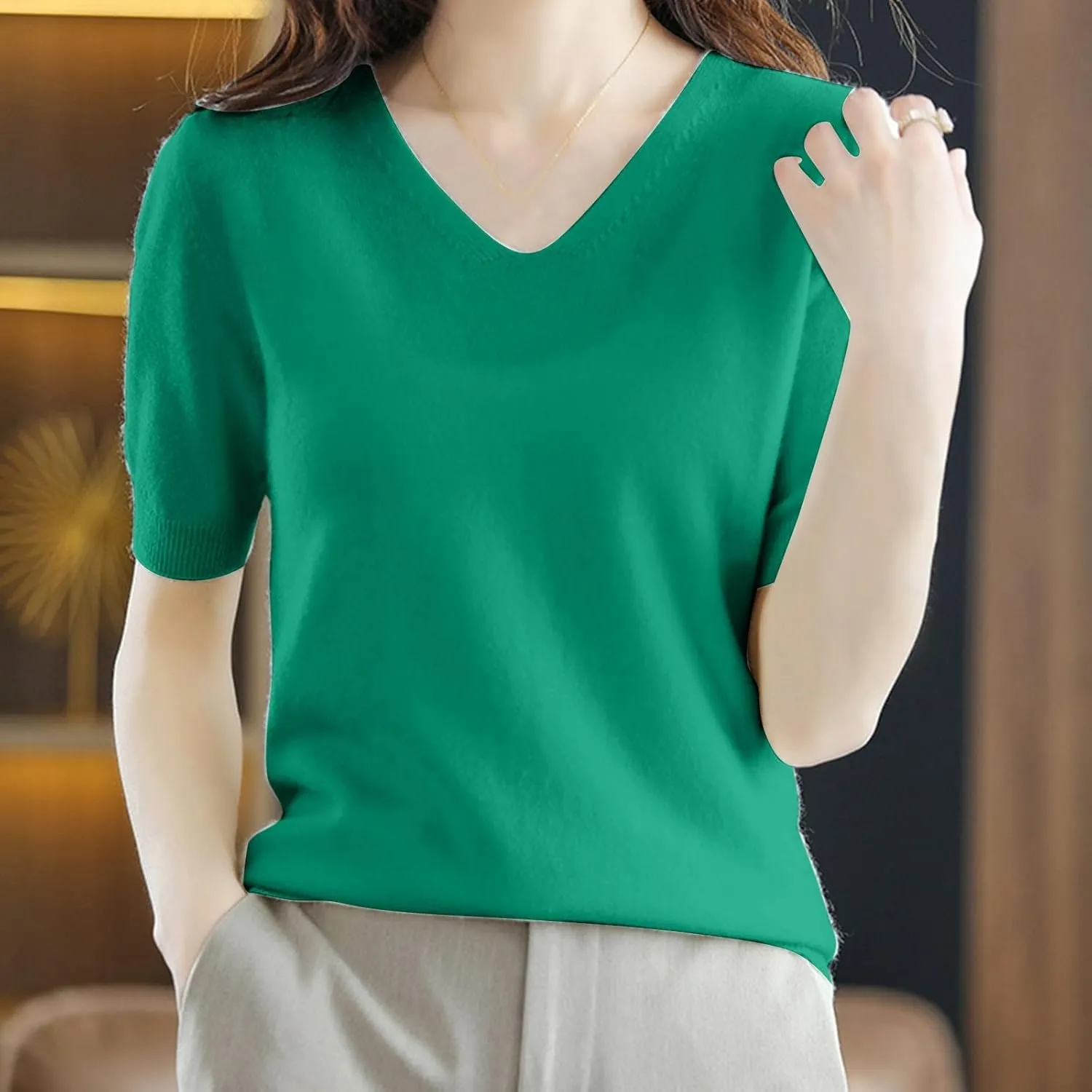 Women's Cashmere Sweater Short Sleeve V Neck Wool Base Layer Pullover Sweaters Fall Lightweight T Shirt Tops