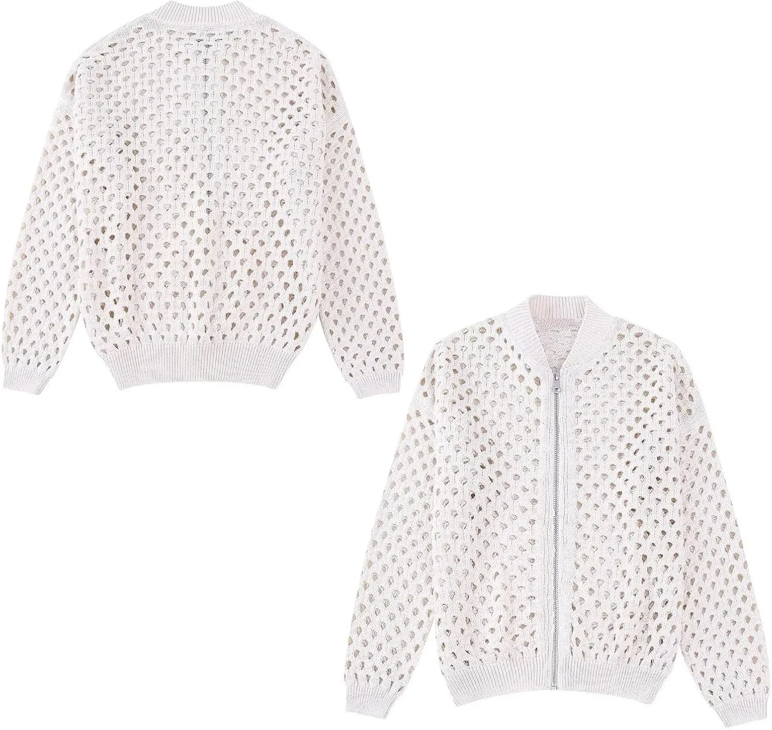 Women's Casual Hollow Knitwear Zipper Jacket, Womens Zip up Crochet Open Front Long Sleeve Cardigan Sweater