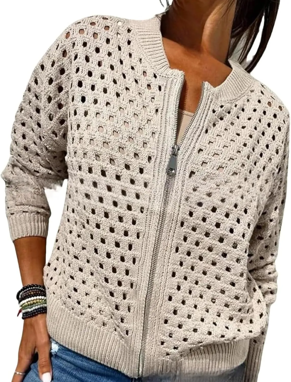 Women's Casual Hollow Knitwear Zipper Jacket, Womens Zip up Crochet Open Front Long Sleeve Cardigan Sweater