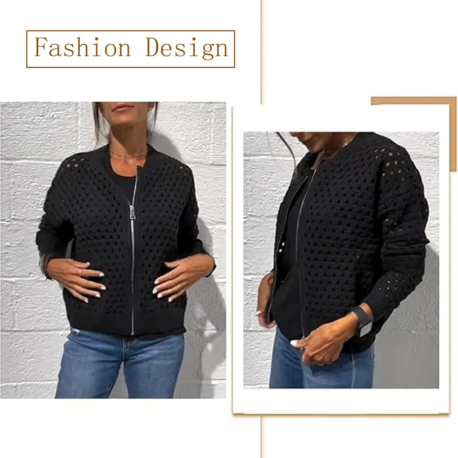 Women's Casual Hollow Knitwear Zipper Jacket, Womens Zip up Crochet Open Front Long Sleeve Cardigan Sweater