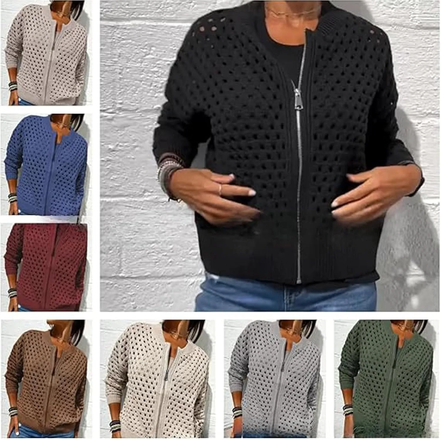 Women's Casual Hollow Knitwear Zipper Jacket, Womens Zip up Crochet Open Front Long Sleeve Cardigan Sweater