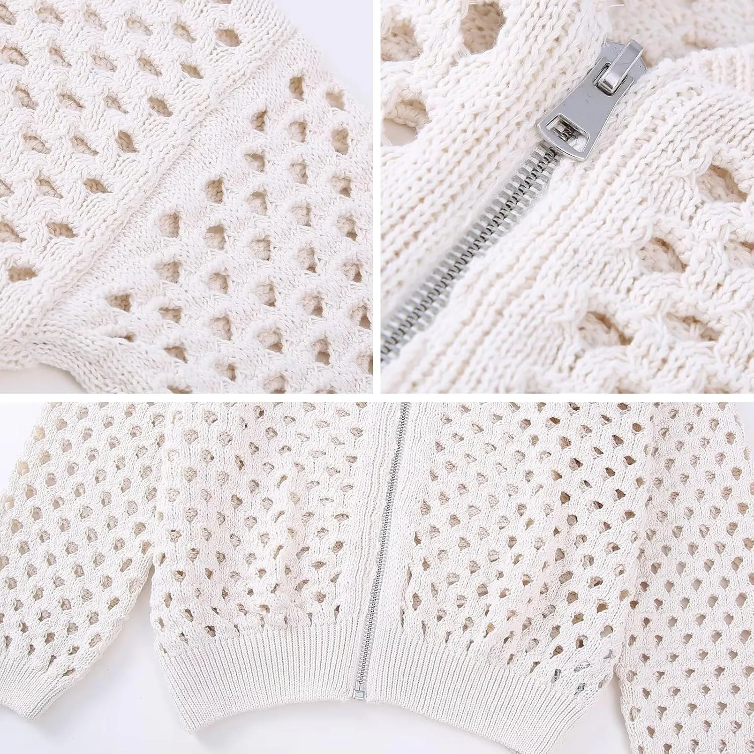 Women's Casual Hollow Knitwear Zipper Jacket, Womens Zip up Crochet Open Front Long Sleeve Cardigan Sweater