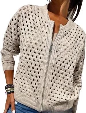Women's Casual Hollow Knitwear Zipper Jacket, Womens Zip up Crochet Open Front Long Sleeve Cardigan Sweater
