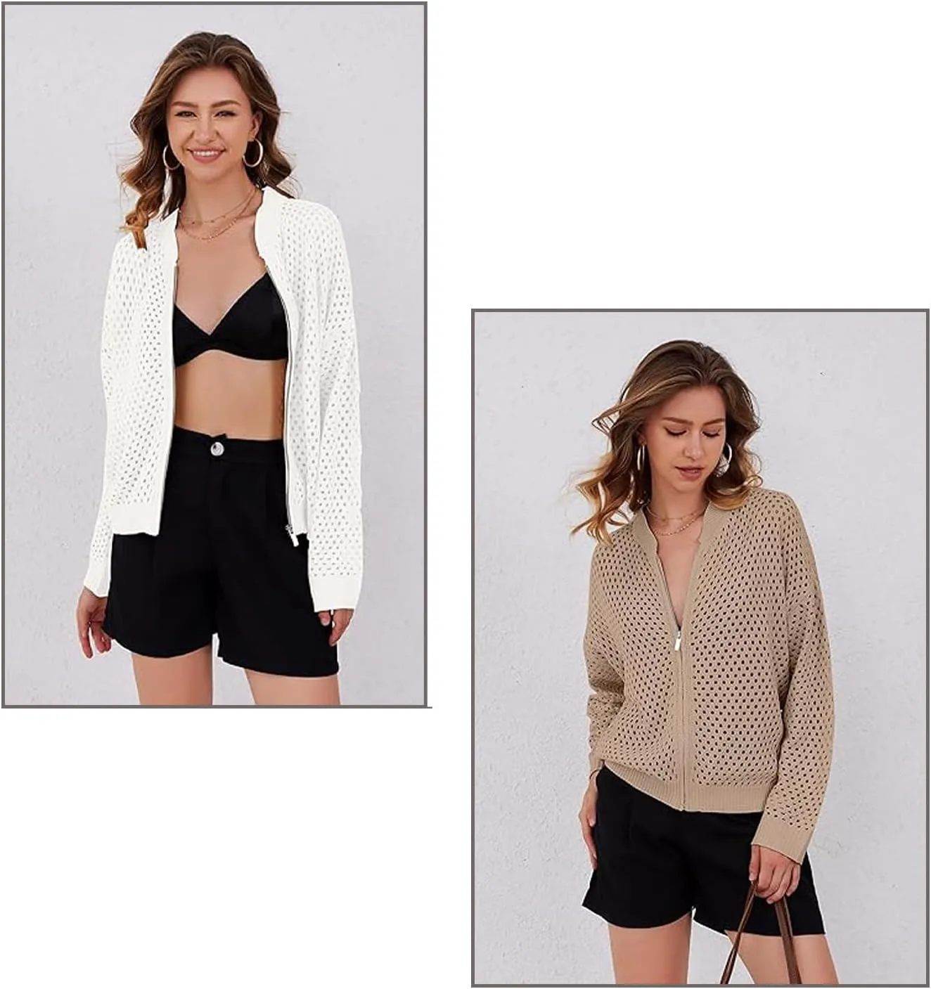 Women's Casual Hollow Knitwear Zipper Jacket, Womens Zip up Crochet Open Front Long Sleeve Cardigan Sweater