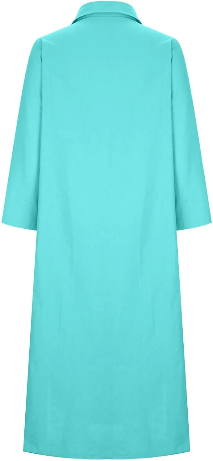 Womens Casual Long Sleeve Button Down Dress Loose Cotton Linen Maxi Shirt Dress Plus Size Flowy Summer Beach Long Dress