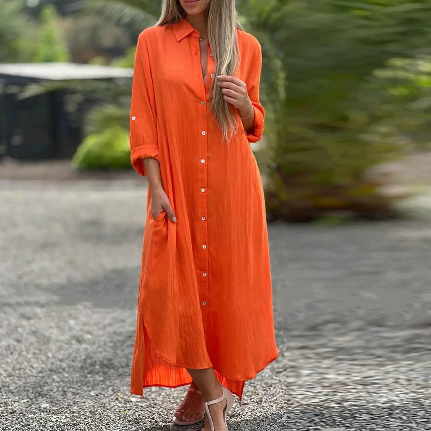 Womens Casual Long Sleeve Button Down Dress Loose Cotton Linen Maxi Shirt Dress Plus Size Flowy Summer Beach Long Dress