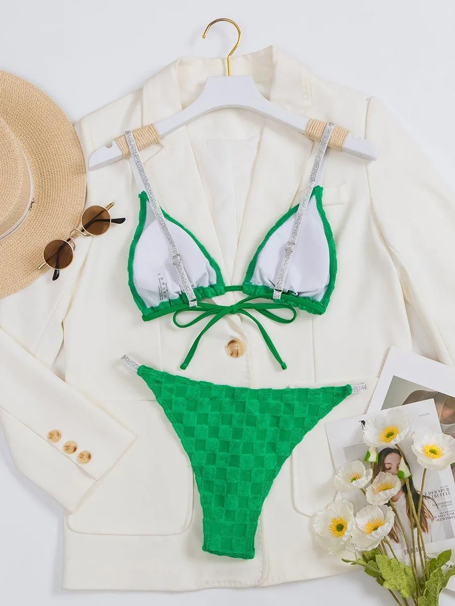 Women's Checkered Jacquard Bikini Set - Sporty Swimwear for Women