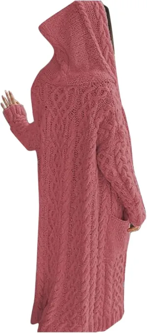 Women's Chunky Knit Long Sleeve Casual Hooded Sweater Plus Size Draped Cardigan Cable Knitted Winter Long Sweater Coat