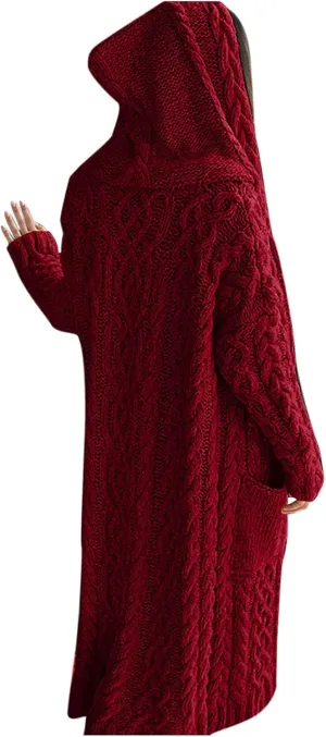 Women's Chunky Knit Long Sleeve Casual Hooded Sweater Plus Size Draped Cardigan Cable Knitted Winter Long Sweater Coat