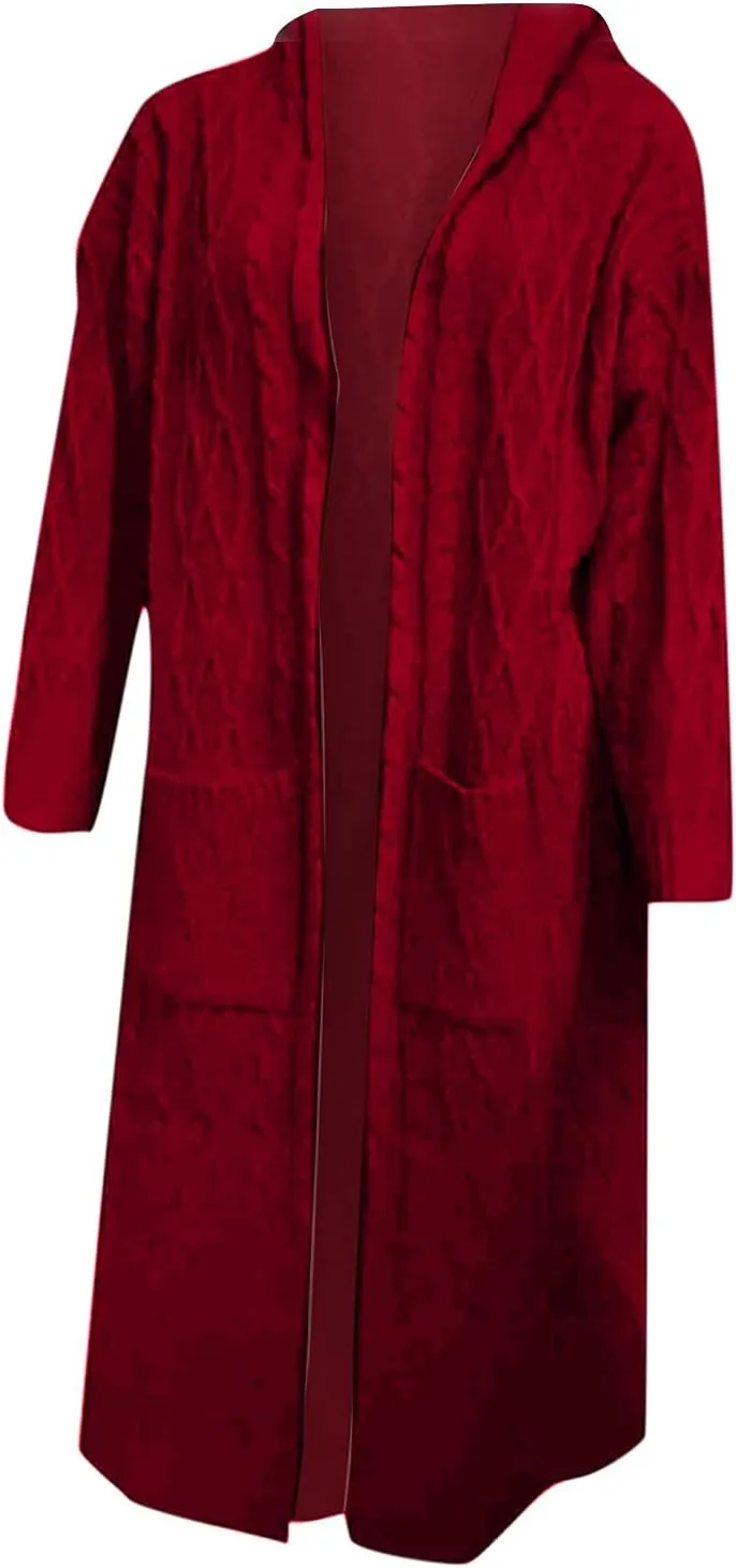 Women's Chunky Knit Long Sleeve Casual Hooded Sweater Plus Size Draped Cardigan Cable Knitted Winter Long Sweater Coat