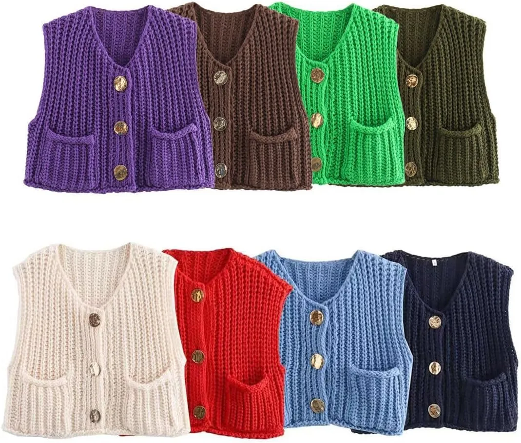 Women's Chunky Knit Sweater Vest Button Down Sleeveless Cropped Crochet Cardigan Casual with Pockets