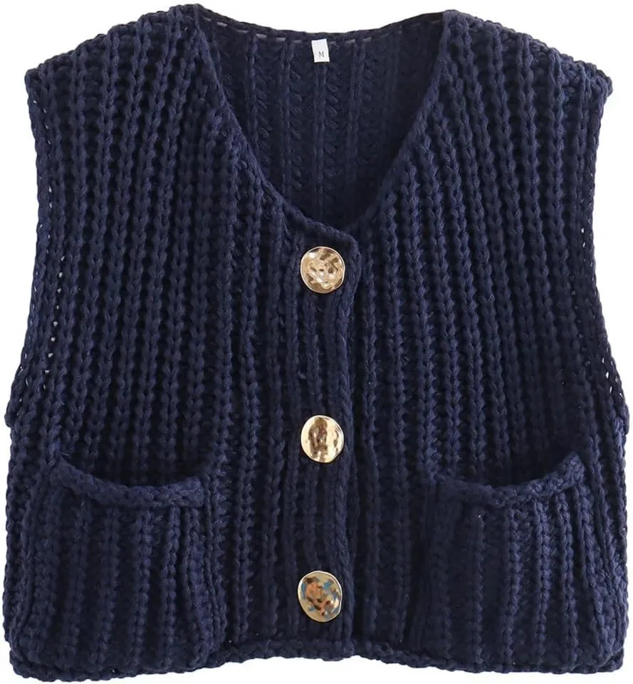 Women's Chunky Knit Sweater Vest Button Down Sleeveless Cropped Crochet Cardigan Casual with Pockets