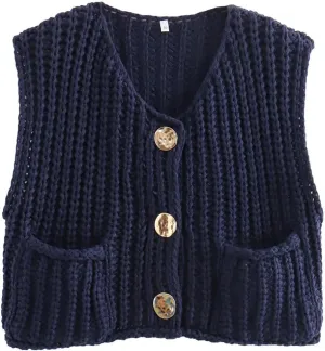 Women's Chunky Knit Sweater Vest Button Down Sleeveless Cropped Crochet Cardigan Casual with Pockets