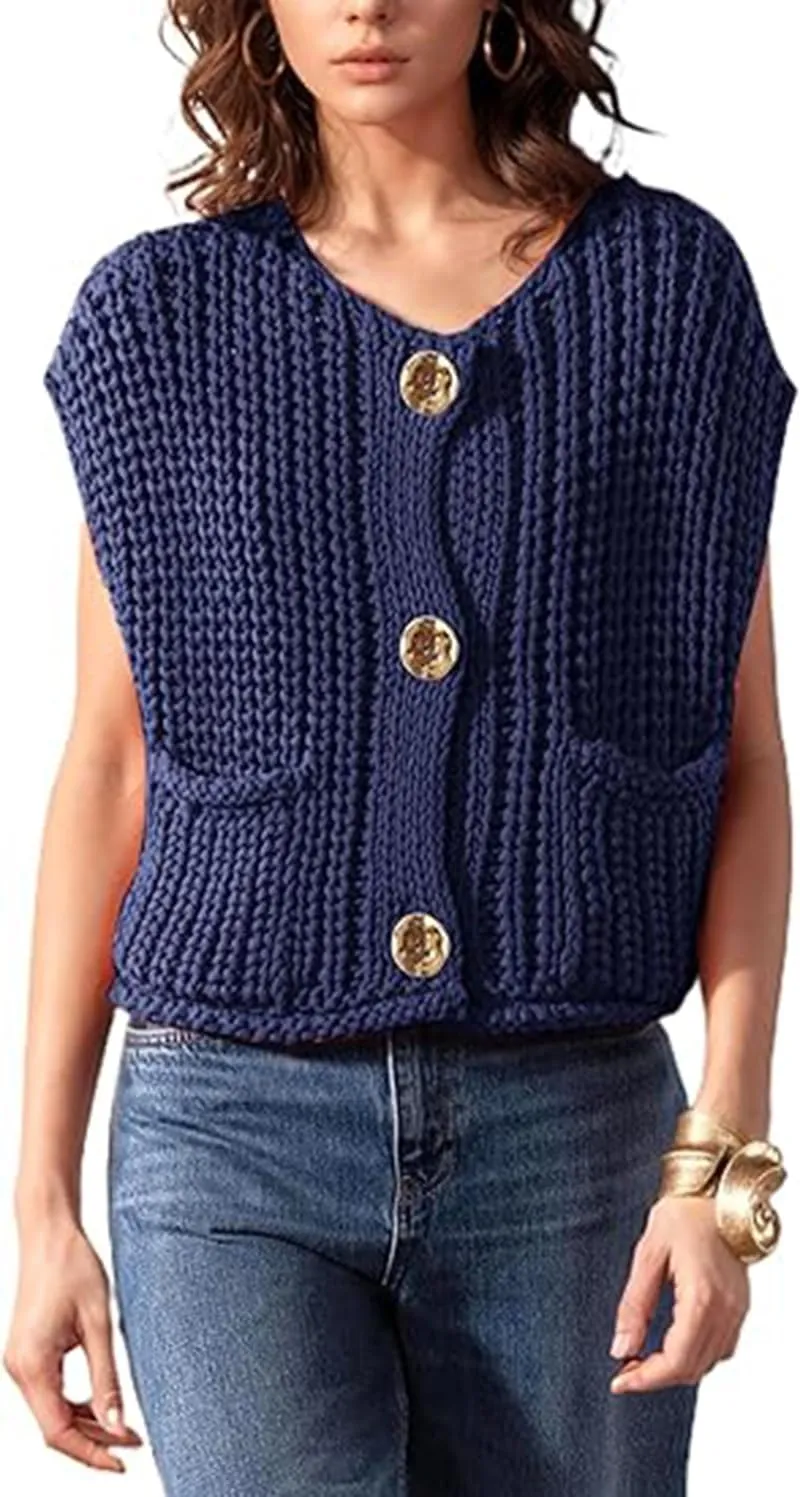 Women's Chunky Knit Sweater Vest Button Down Sleeveless Cropped Crochet Cardigan Casual with Pockets