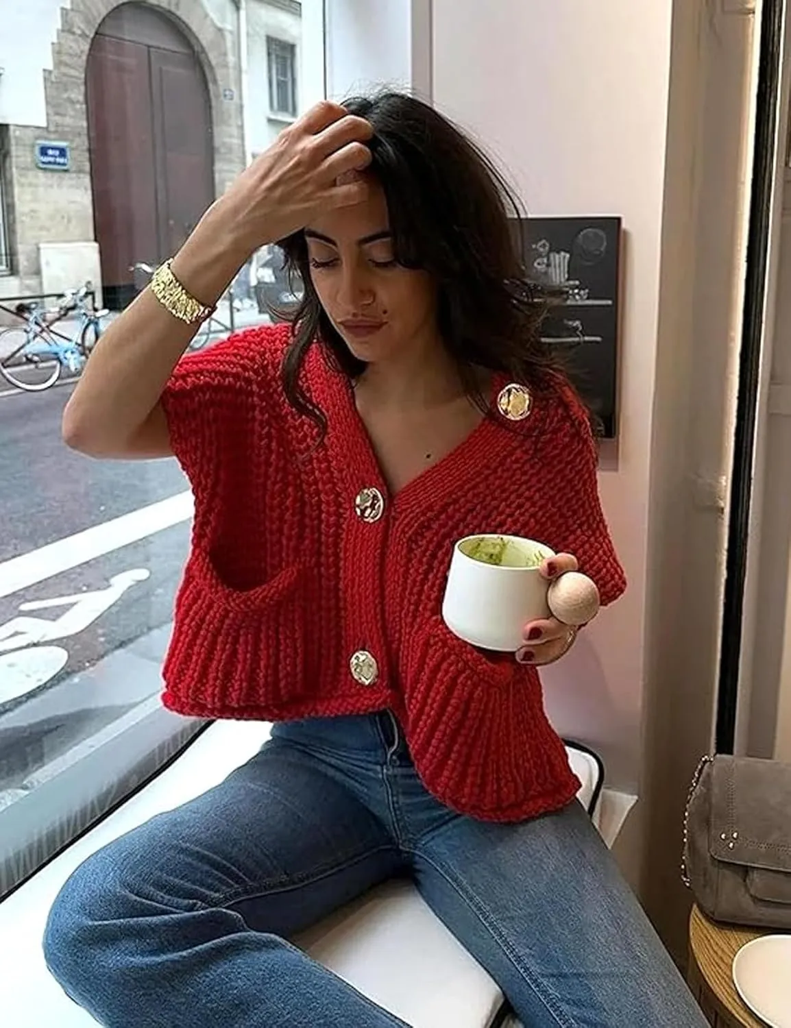 Women's Chunky Knit Vest Sleeveless Button Down Crochet Cropped Sweater Vest Tops with Pockets