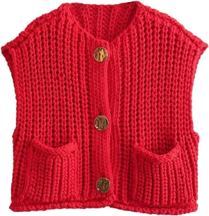 Women's Chunky Knit Vest Sleeveless Button Down Crochet Cropped Sweater Vest Tops with Pockets